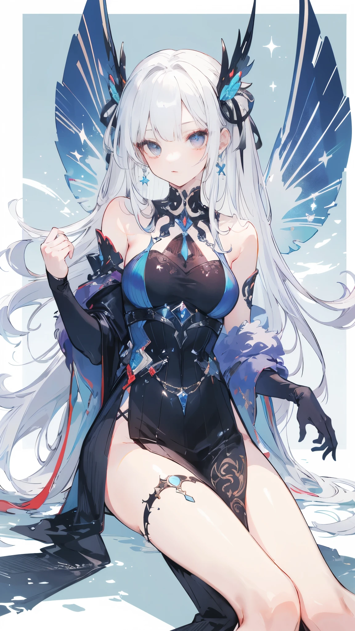 4k，masterpiece，Highest quality，(momentum)，Holy，Holy，Master，Various actions，Full body portrait,portrait,1 Woman, (Mature)，Long face，Pointed face，White long hair，Fairy，gemstone crow，wings dress,  Mecha,Fairy air，ribbon， diamond, Bare shoulders, crow, Looking at the audience, in the sky, flight, Vibrant colors, light, masterpiece, best quality, Flying，Mature，Asymmetrical clothing，Highlights，lie down，Flip hair