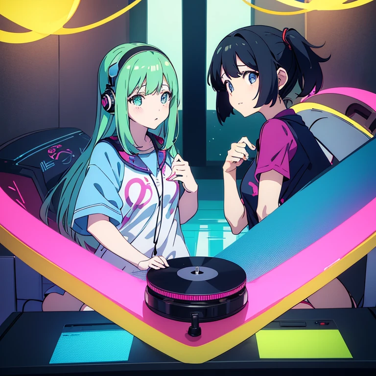 two anime girls in headphones are playing music on a turntable, anime vibes, anime style 4 k, ig studios anime style, nightcore, 8 0 s anime vibe, anime girls, anime style. 8k, lofi artstyle, dj sura, anime moe artstyle, anime style illustration, trending on cgstation, anime style artwork, e - girl