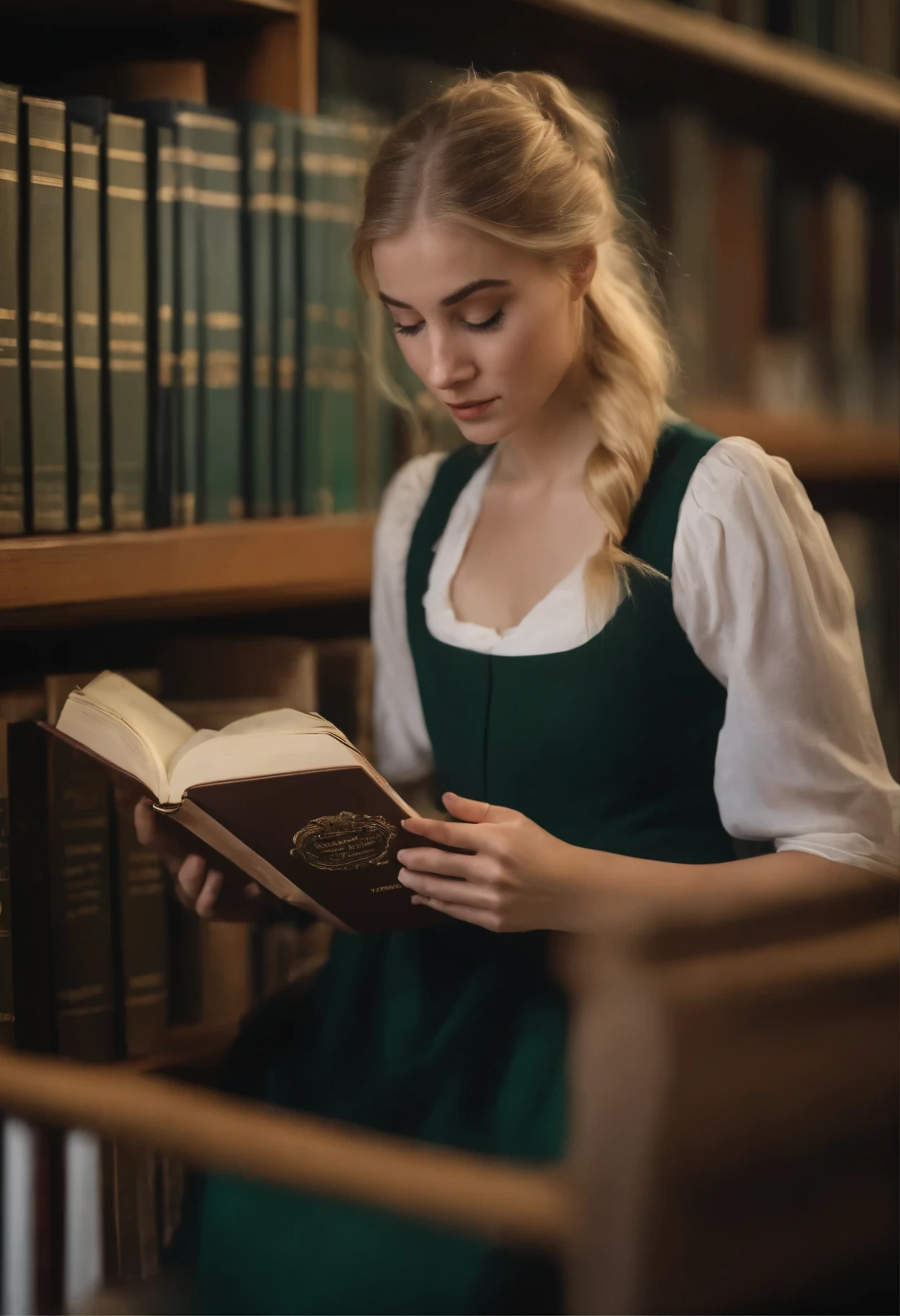 Student with blond hair, hair in a ponytail, in library, reads Makeaveli&#39;s book, makeup bright black, The look is smart, big green eyes, background shaded colored books