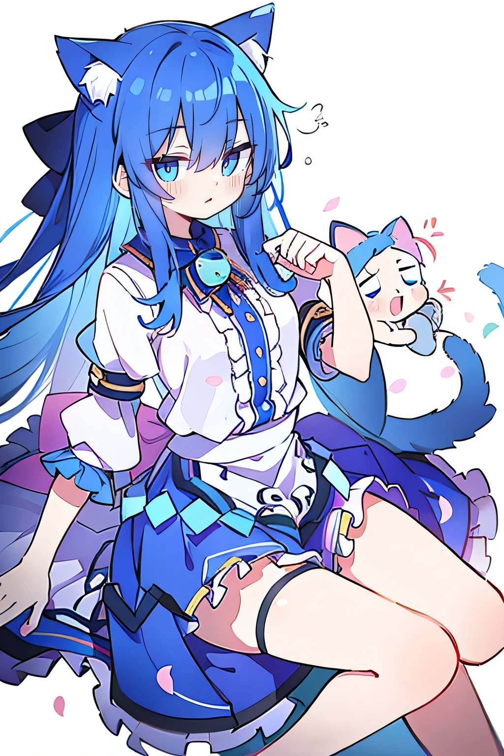 (masterpiece:1.2),Super detailed,lifelike,Expressive eyes,fair skin,perfect face shape,1 girl,
Japanese comics,Gorgeous blue hair,flowing blue hair,flowing clothes,Cat ears,Petals fall,beautiful lola,Baby Angel,
Shaking head with one hand,Lying gracefully on the ground,Cross your legs,Gentle and peaceful background,The pavilion is cool and comfortable,smile.