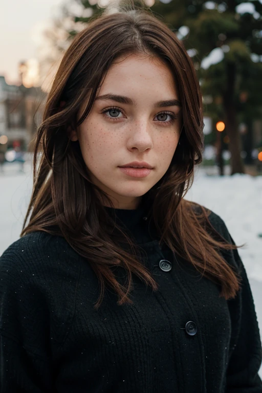 girl outside, looking cool and a bit arrogant, winter, full body, very beautiful, brown hair, wearing black outfit, realistic face, detailed eyes, freckles, looking to the side, boyish
