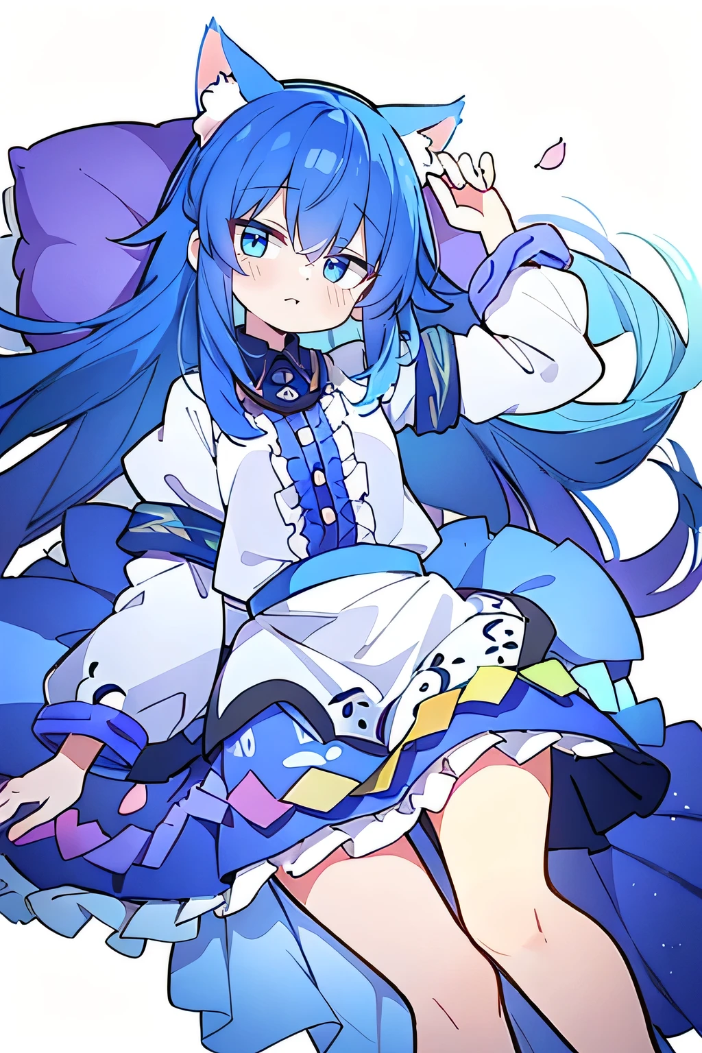 （masterpiece：1.2），Super detailed，lifelike，Expressive eyes，fair skin，perfect face shape，1 girl，
Japanese comics,Gorgeous blue hair,flowing blue hair,flowing clothes,Cat ears,Petals fall,beautiful lola,Baby Angel,
Shaking head with one hand，Lying gracefully on the ground，Cross your legs，Gentle and peaceful background，The pavilion is cool and comfortable,smile.