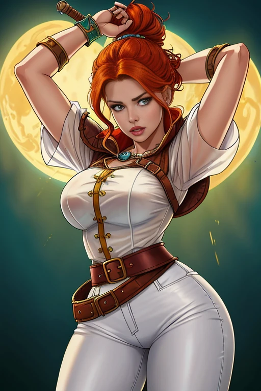 (Face-BarbaraPalvin:0.8) (D&D rogue character:1.2) painting ginger woman auburn hair (updo:1.1) white button shirt see through leather pants pauldron teal armor belts straps detailed background ancient ruins (big breast ) (masterpiece) (best quality) (detailed) (8k) (wallpaper) (cinematic lighting) (sharp focus) (intricate) (Style-Autumn:0.5)open breast