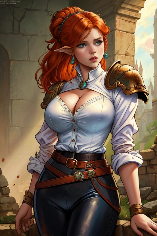 (Face-BarbaraPalvin:0.8) (D&D rogue character:1.2) painting ginger woman auburn hair (updo:1.1) white button shirt see through leather pants pauldron teal armor belts straps detailed background ancient ruins (big breast ) (masterpiece) (best quality) (detailed) (8k) (wallpaper) (cinematic lighting) (sharp focus) (intricate) (Style-Autumn:0.5)open breast