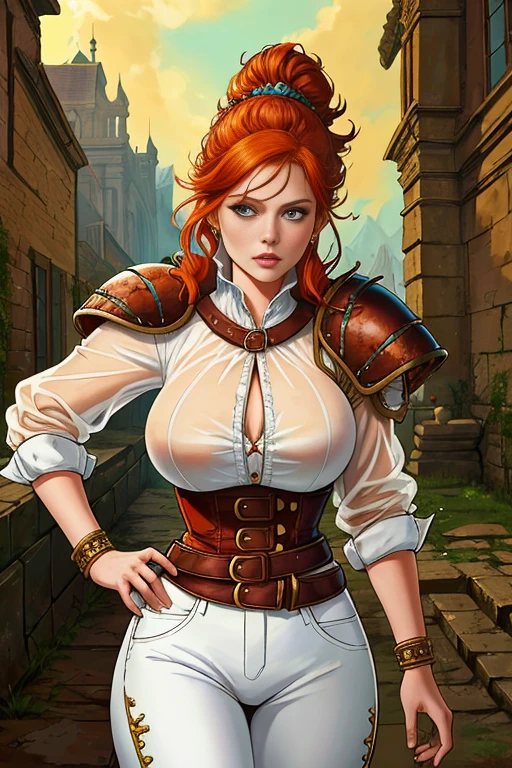 (Face-BarbaraPalvin:0.8) (D&D rogue character:1.2) painting ginger woman auburn hair (updo:1.1) white button shirt see through leather pants pauldron teal armor belts straps detailed background ancient ruins (big breast ) (masterpiece) (best quality) (detailed) (8k) (wallpaper) (cinematic lighting) (sharp focus) (intricate) (Style-Autumn:0.5)open breast