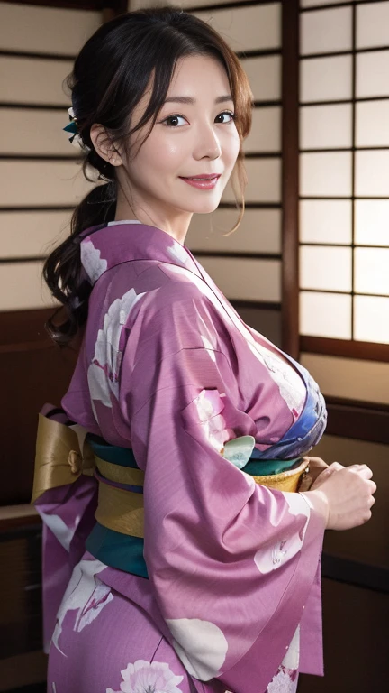 Mature attractive sexy woman,50 years old, ((kimono)),(((kimono))),Shut,((Big Breasts:1.2)),(Facial wrinkles:1.3),light makeup,Light brown hair,Long Hair,(Full body photography:0.85),(Emphasize big buttocks),8k, RAW Photos, highest quality, Laughter,masterpiece,highest quality、A gentle smile、A gaze that seduces viewers、Random hairstyle、Japanese-style room、Shoji screen、Lantern、