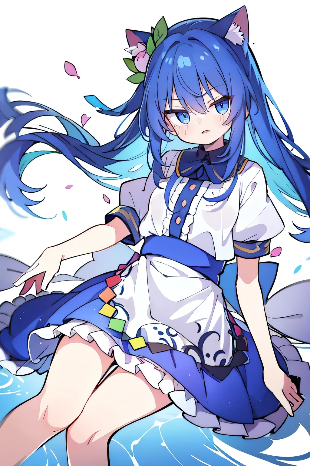 (masterpiece:1.2),Super detailed,lifelike,Expressive eyes,fair skin,perfect face shape,1 girl,
Japanese comics,Gorgeous blue hair,flowing blue hair,flowing clothes,Cat ears,Petals fall,beautiful lola,Baby Angel,
Shaking head with one hand,Lying gracefully on the ground,Cross your legs,Gentle and peaceful background,The pavilion is cool and comfortable,smile.