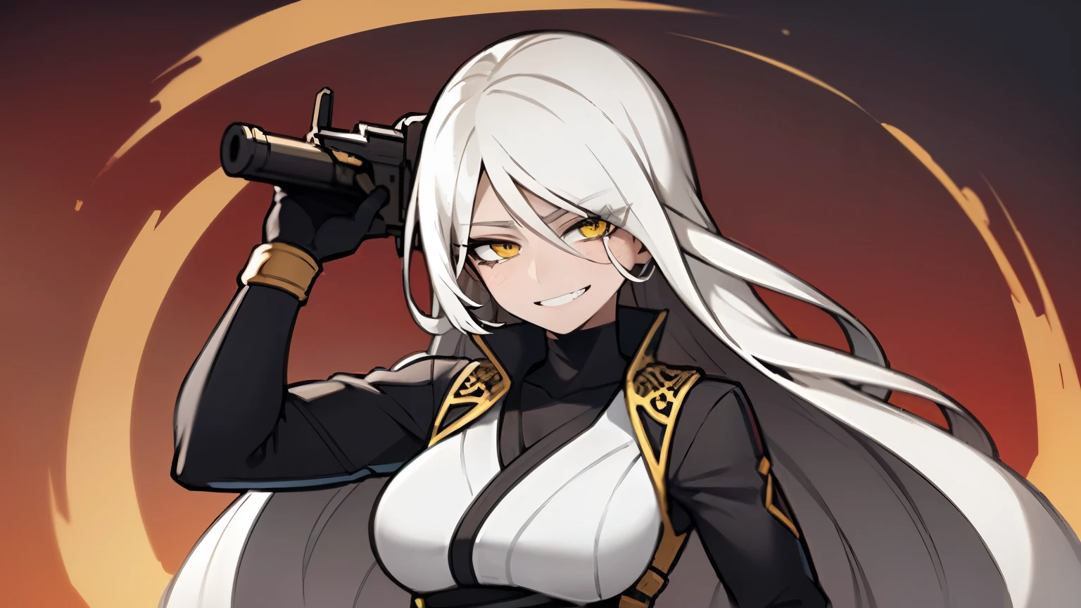 (best quality,highres),tall woman with a big bust smiling towards the camera, removing a black mask with her white hair and yellow eyes, dressed in a white ninja costume with blood stains, holding a gun crying