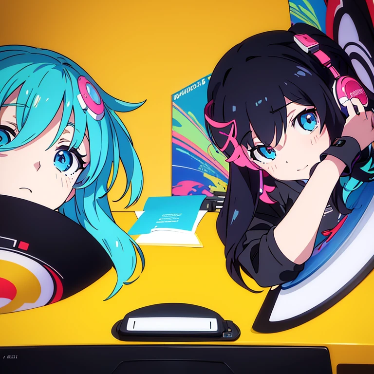 two anime girls in headphones are playing music on a turntable, anime vibes, anime style 4 k, ig studios anime style, nightcore, 8 0 s anime vibe, anime girls, anime style. 8k, lofi artstyle, dj sura, anime moe artstyle, anime style illustration, trending on cgstation, anime style artwork, e - girl