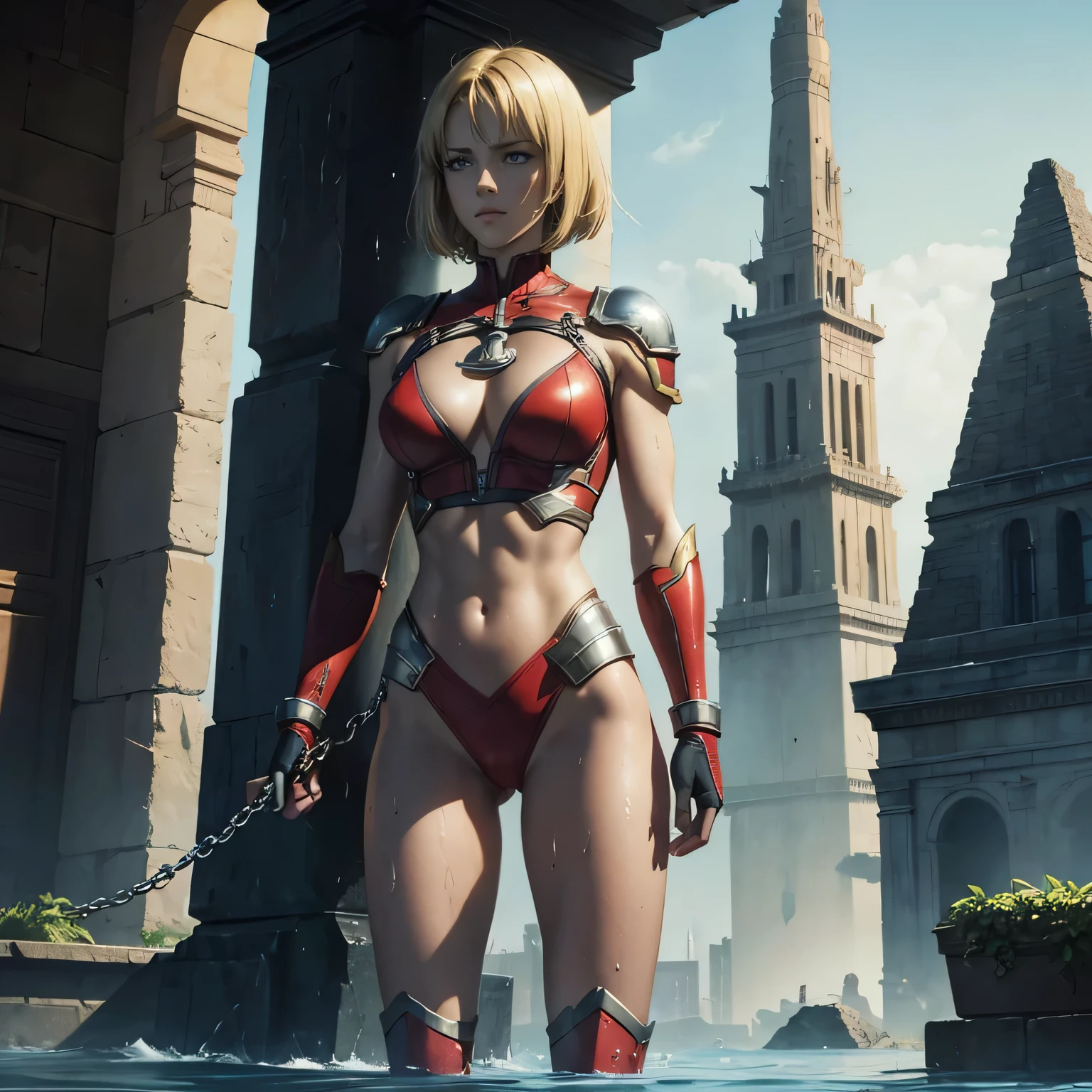 masterpiece, best quality, masterpiece, best quality, agrias, red leotard with a midriff cutout, standing, looking at viewer, blonde short hair, superhero, boots, highleg, blue eyes, black gloves, , detailed face, muscular, She weak, she is chained to the roof, she is standing and chain, she being humiliated, big chest, she suffering in pain,(alone), detailed face, age 20, she is covered in water, water dripping everywhere, she is sleepy, ancient pyramid