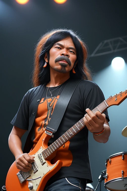 1 orang laki laki berwajah indonesia berpakaian rock n roll bertato sedang bermain drum dengan wajah serius