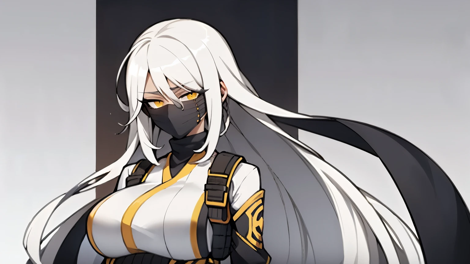 (best quality,highres),tall woman with a big bust smiling towards the camera, removing a black mask with her white hair and yellow eyes, dressed in a white ninja costume with blood stains, holding a gun crying
