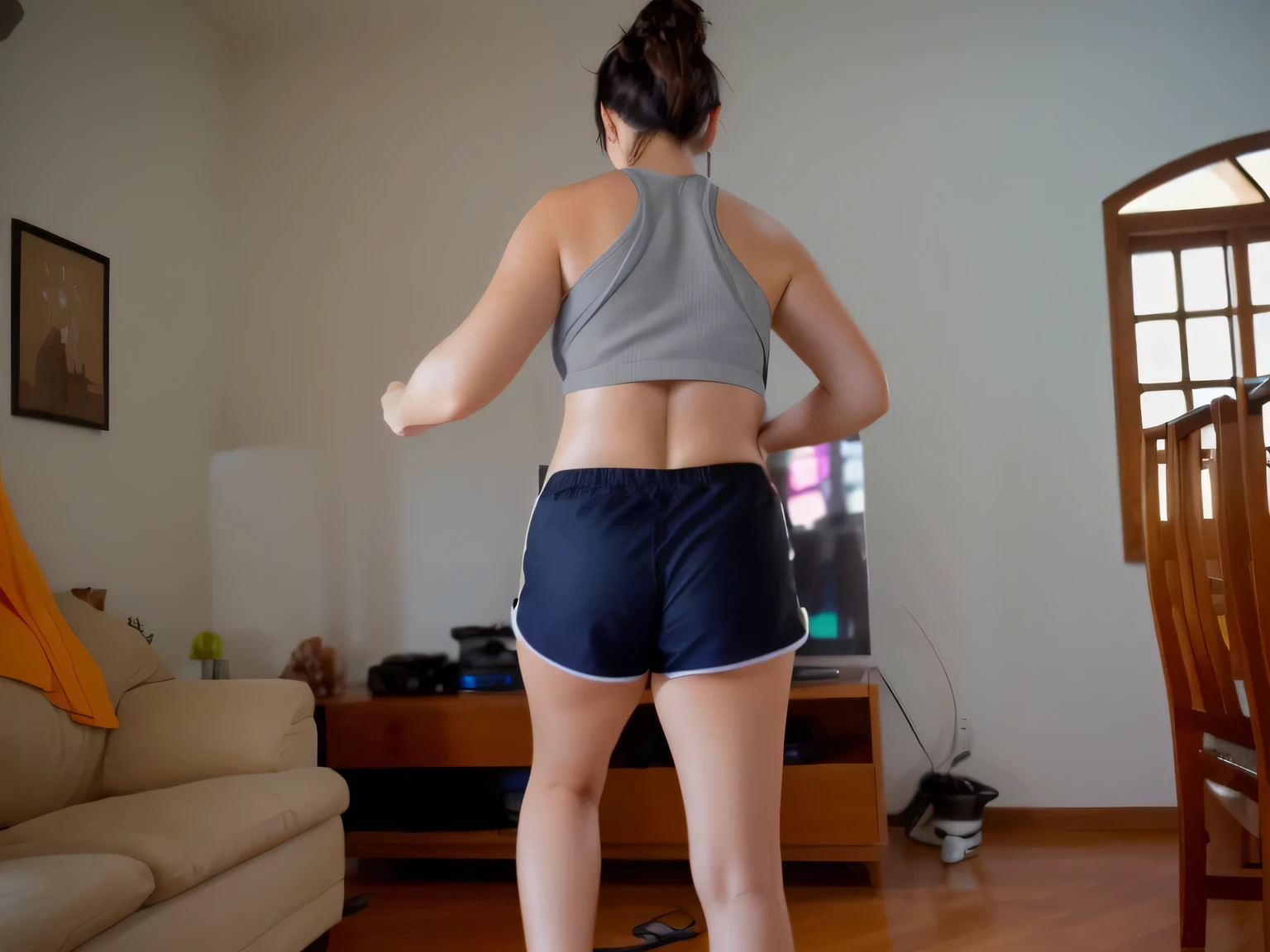 A beautiful light brunette woman, black hair, short gray tank top and dark blue shorts, standing in a living room, playing Wii in the room, photo of legs and hips, photo taken from behind, of her taking steps. (ultra quality masterpiece) with toned body, 35 years old, 1.62 tall, 60 kg, best quality, perfect face, perfect mouth, perfect hands, (((black hair))), is standing, ( full body) wearing a tank top (((gray top)) )), dark blue short shorts (((short dark blue shorts)))), dark brown hair, dark blue short shorts for gym training, tanned body, pose sexy, shapely legs, well defined, high contrast, Ultra HD, high contrast, 16K. photorealistic, detailed and realistic hands, 5 fingers per hand, alone, dark hair, green thong bikini, full body photo, clear, high quality photo. Beautiful woman, extremely sexy, very sensual. Masterpiece: 1.3, high resolution, (photographically realistic), 8k, NUDE, NUDITY, NFSW.