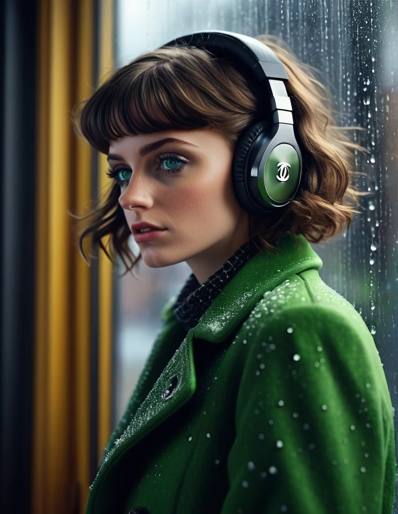 (masterpiece, photo-realistic, moody:1.5), a captivating portrayal of a girl [Sophia Loren:Mause Adams:0.45] with a chic black chanel bob, mesmerizing green eyes, and cute freckles on her cheeks, (lost in the world of music as she wears wifi headphones:1.5), her head resting against the windowpane, wearing a colorful winter coat, (a hint of melancholy reflected in her expression:1.3), raindrops decorating the window, with a soft, dim light illuminating the scene, (evoking a sense of introspection and emotion:1.3), Cinematic, Hyper-detailed, insane details, Beautifully color graded, Unreal Engine, DOF, Super-Resolution, Megapixel, Cinematic Lightning, Anti-Aliasing, FKAA, TXAA, RTX, SSAO, Post Processing, Post Production, Tone Mapping, CGI, VFX, SFX, Insanely detailed and intricate, Hyper maximalist, Hyper realistic, Volumetric, Photorealistic, ultra photoreal, ultra-detailed, intricate details, 8K, Super detailed, Full color, Volumetric lightning, HDR, Realistic, Unreal Engine, 16K, Sharp focus, Octane render --v testp