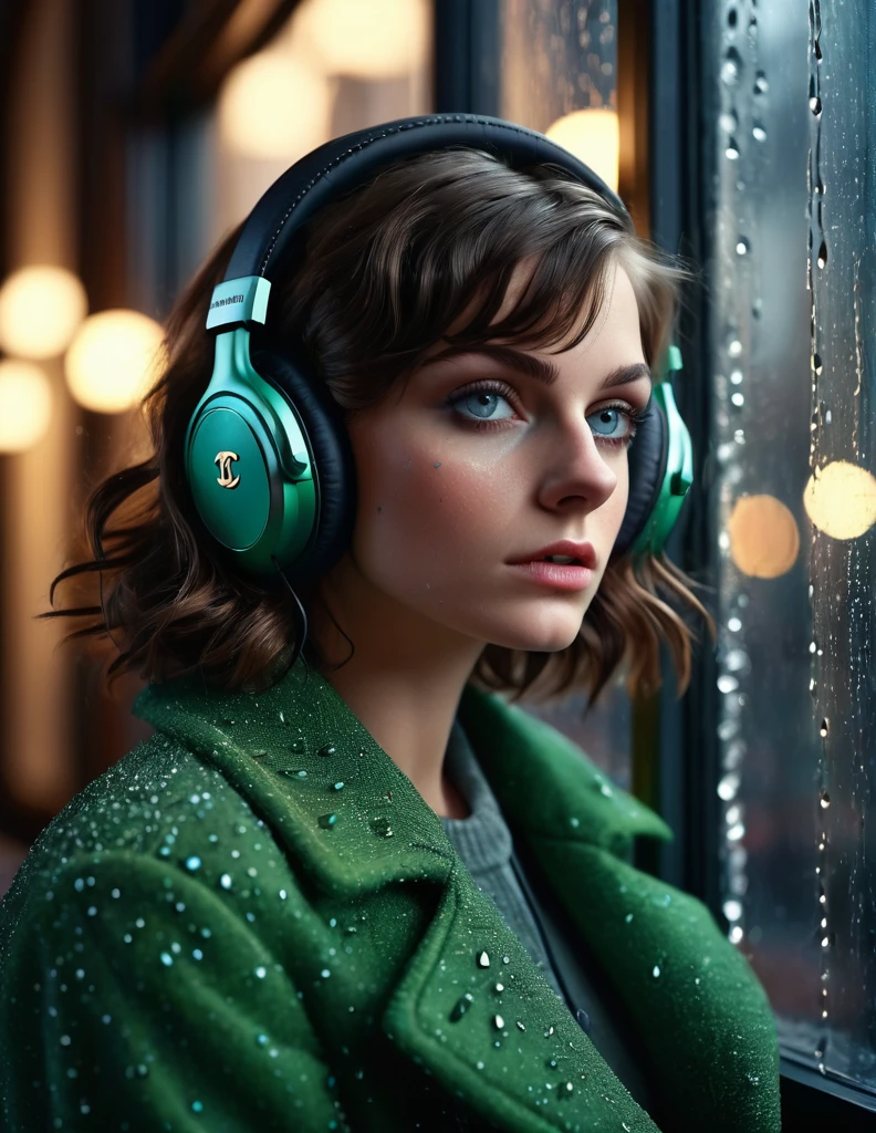(masterpiece, photo-realistic, moody:1.5), a captivating portrayal of a girl [Sophia Loren:Mause Adams:0.45] with a chic black chanel bob, mesmerizing green eyes, and cute freckles on her cheeks, (lost in the world of music as she wears wifi headphones:1.5), her head resting against the windowpane, wearing a colorful winter coat, (a hint of melancholy reflected in her expression:1.3), raindrops decorating the window, with a soft, dim light illuminating the scene, (evoking a sense of introspection and emotion:1.3), Cinematic, Hyper-detailed, insane details, Beautifully color graded, Unreal Engine, DOF, Super-Resolution, Megapixel, Cinematic Lightning, Anti-Aliasing, FKAA, TXAA, RTX, SSAO, Post Processing, Post Production, Tone Mapping, CGI, VFX, SFX, Insanely detailed and intricate, Hyper maximalist, Hyper realistic, Volumetric, Photorealistic, ultra photoreal, ultra-detailed, intricate details, 8K, Super detailed, Full color, Volumetric lightning, HDR, Realistic, Unreal Engine, 16K, Sharp focus, Octane render --v testp