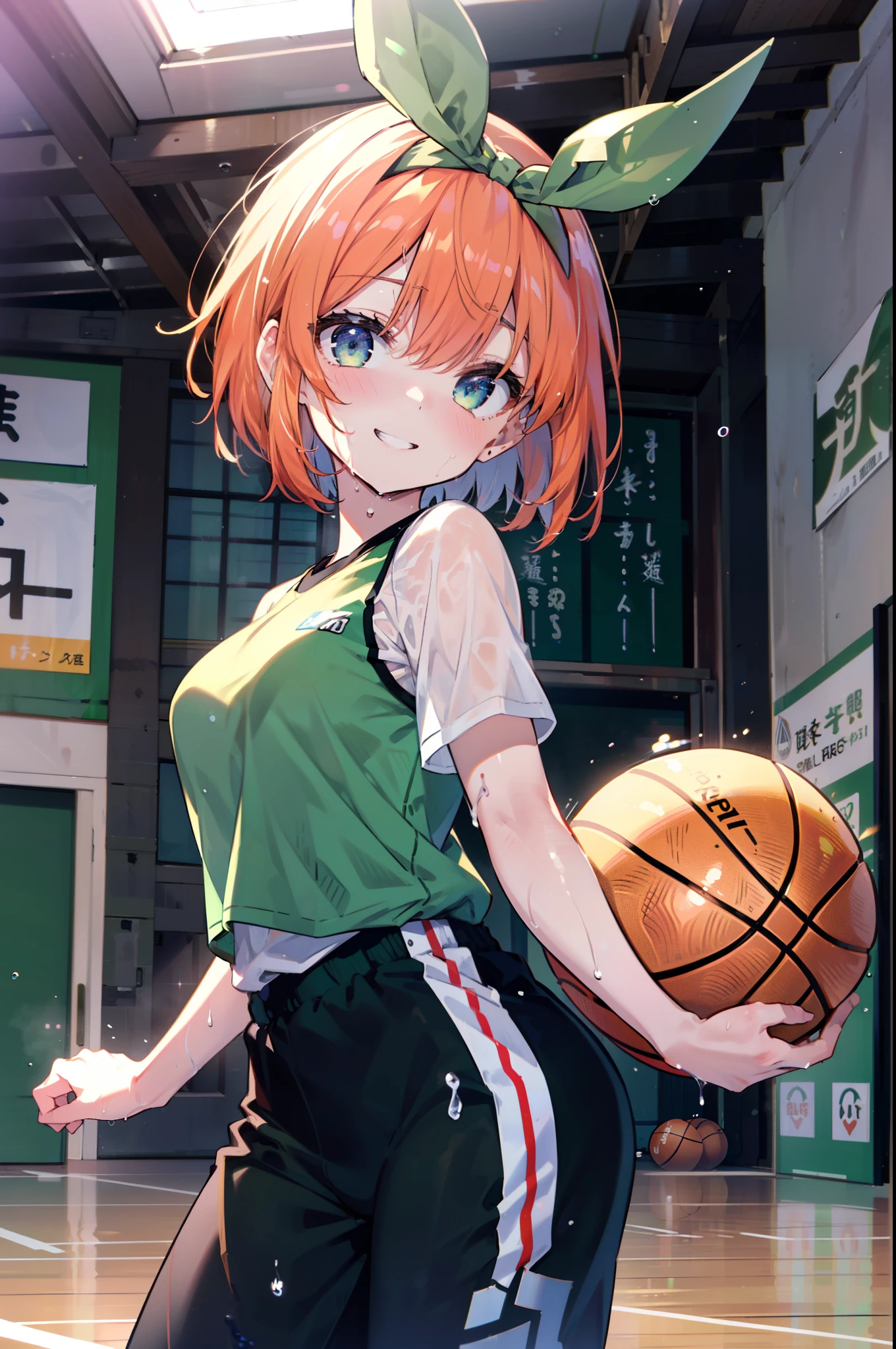 yotsubanakano, Yotsuba Nakano, bangs, short hair, blue eyes, Hair between the eyes, hair ribbon, hair band, Orange Hair, (Green ribbon:1.5), smile, Grin,smile,Sweat,Wet Skin,
(Dynamic pose:1.2), /(Basketball Uniforms/Basketball Pants), /bangs, (highest qualityのmasterpiece:1.2) Delicate illustrations with super detail, Big Break /(市民gym/) indoor, audience、
break indoors, gym,
break looking at viewer, (Cowboy Shot:1.5),
break (masterpiece:1.2), highest quality, High resolution, unity 8k wallpaper, (figure:0.8), (Beautiful fine details:1.6), Highly detailed face, Perfect lighting, Highly detailed CG, (Perfect hands, Perfect Anatomy),