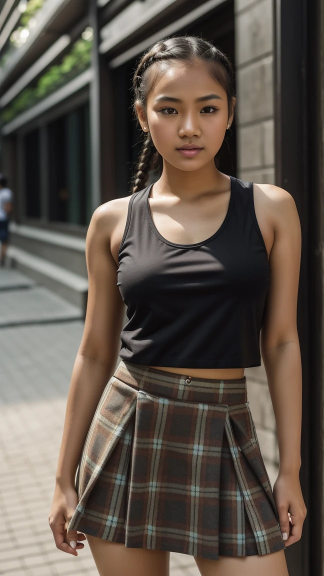 Picture taken with Sony A7RIV, realistic, 8K, Hi-Res picture, masterpiece, perfect facing viewer shoot, detailed complicated background, Gorgeous twenty years old Indonesian girl, natural body, braided, white tank-top paired with black tartan skirt, stand, city alley in Jakarta 