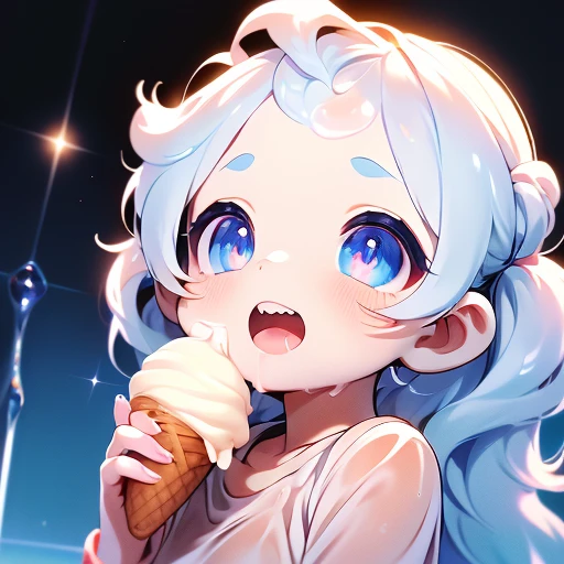 focus face , Estrus bunny girl , round face , moist round eyes , (Double teeth:1.2) , innocent smile , glossy lips , (open mouth wide) , (show off uvula:1.2) , (dripping melted vanilla ice cream on face:1.2) , licking ice cream , grab ice cream