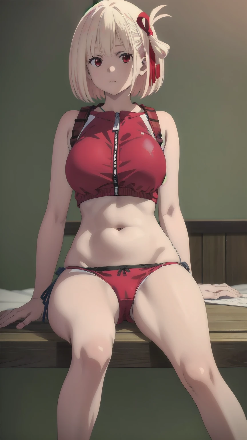 (((Pixel Perfect, Perfect detail))), (1 girl, alone), Chisato Nishikigi, short hair, bangs, Blonde, (Red eyes:1.5), Hair Ribbon, One side up, Bobcut, belly button, Exposing shoulders, Thighs, Stomach, Crop top, Bloomers, Sportswear, Zipper Pull Tab, red Bloomers, Sports Bikini, Sitting, (Between the breasts:1.3), (Showing panties:1.3), whole body