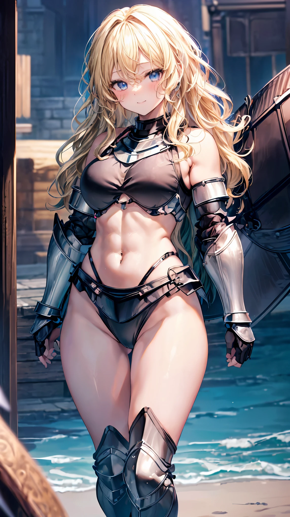 Very detailed、highest quality、Best image quality、masterpiece、8k、Anime Face、A kind smile、Open your mouth、Sparkling blue eyes、(Blonde wavy hair:1.5)、、Muscles of the whole body、camisole、Thigh belt、mini skirt、(Wearing black bikini armor:1.5)、(Cowboy Shot:1.5)、(Leg armor:1.5)、Armor