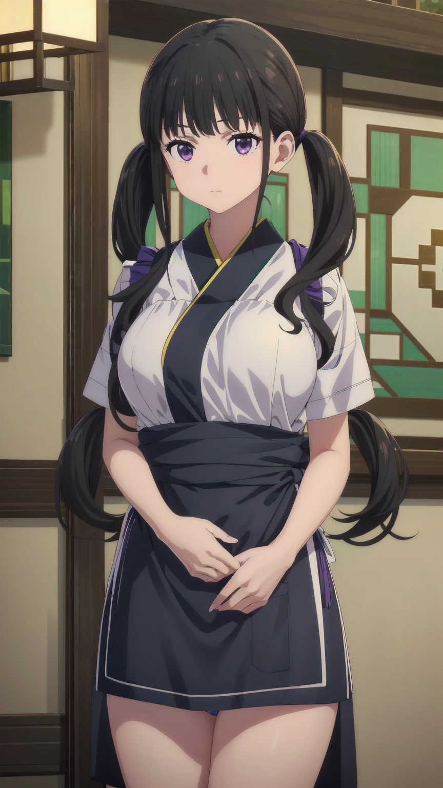 (((Pixel Perfect, Perfect detail))), (1 Girl, solo),  takina inoue, long hair, bangs, twintails, black hair, (purple eyes:1.2), japanese clothes, kimono, apron, waist apron, blue kimono, waitress, Sitting, (between breast:1.3), (Showing panties:1.3), whole body