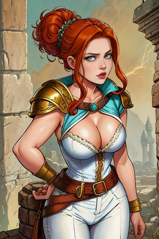 (Face-BarbaraPalvin:0.8) (D&D rogue character:1.2) painting ginger woman auburn hair (updo:1.1) white button shirt open breast leather pants pauldron teal armor belts straps detailed background ancient ruins (big breast ) (masterpiece) (best quality) (detailed) (8k) (wallpaper) (cinematic lighting) (sharp focus) (intricate) (Style-Autumn:0.5)