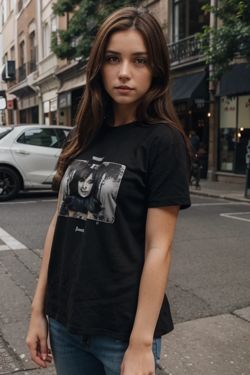 girl outside, looking cool and a bit arrogant, full body, very beautiful, brown hair, wearing black t-shirt, realistic face, detailed eyes, small , boyish