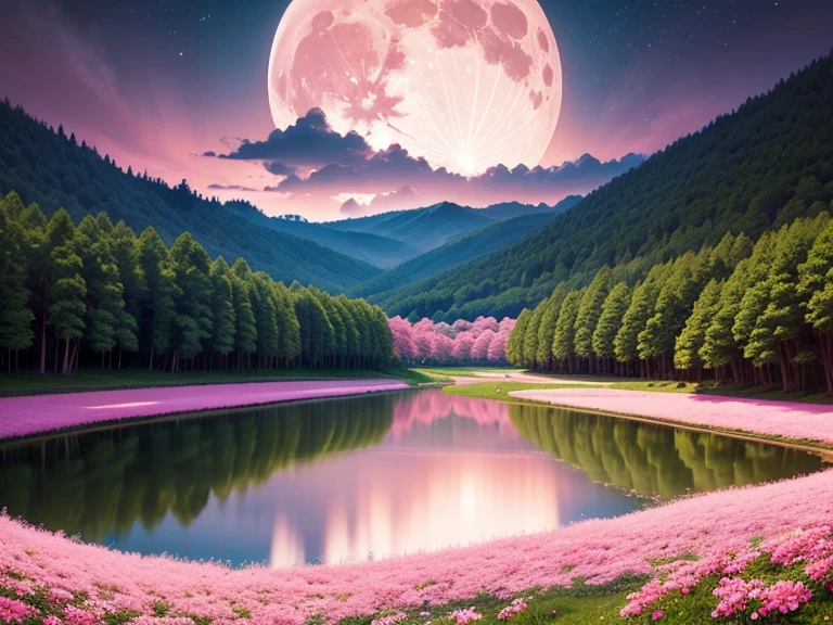 Vast landscape、Pink flowers all over、Shibazakura、Big full moon