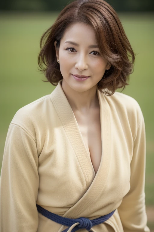High resolution,8k, ((judo field))、Olympic、((Beautiful woman)), ((43 years old)), Sexy Woman, Supermodel body type, Shapely small breasts, Light brown curly hair, (((Judo)))、(((The front is only)))