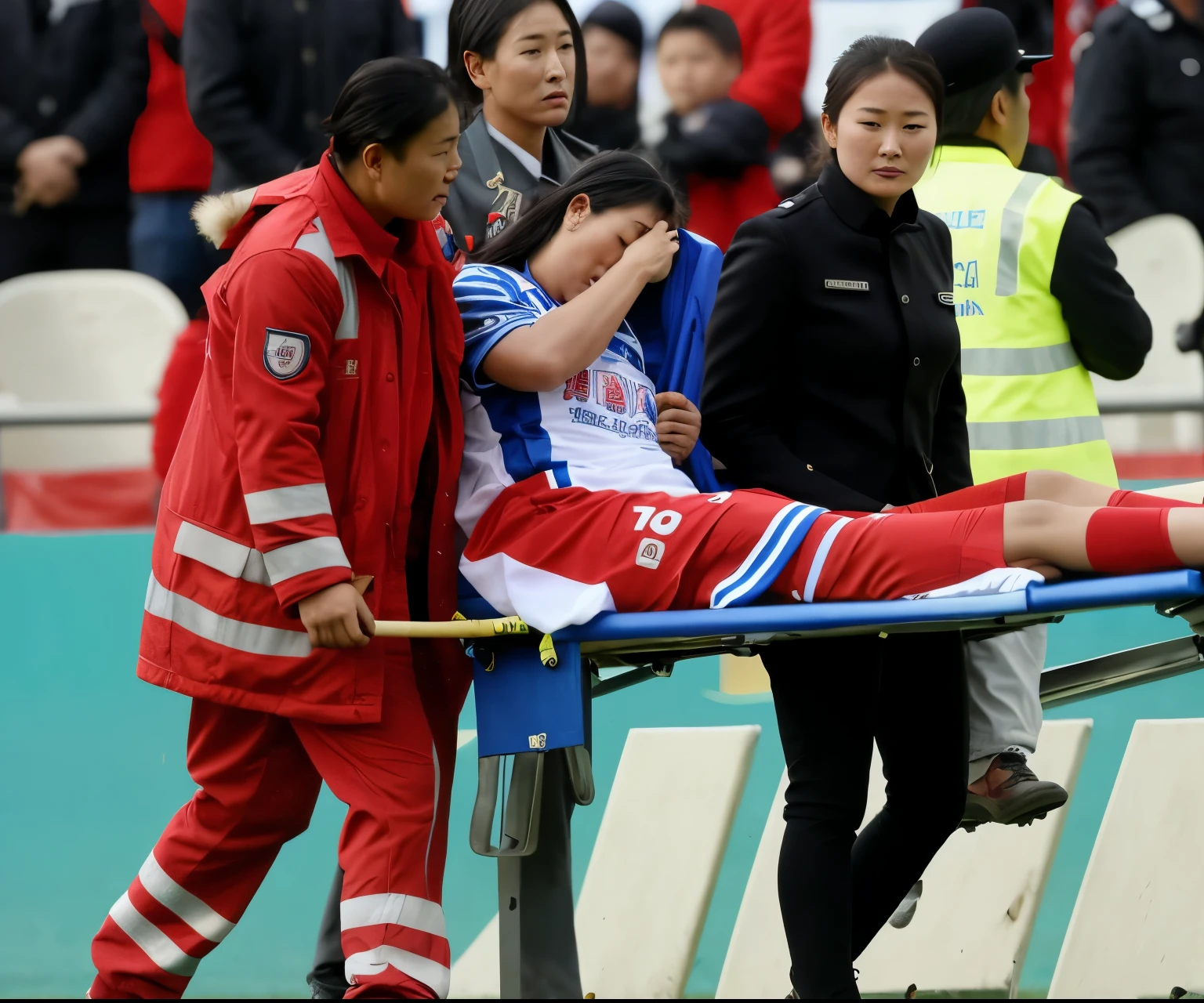 A scene at a soccer stadium in Mongolia, There is an attractive and heavily made-up Mongolian female police officer in a long black leather coat, A Mongolian female police officer in a shiny black leather coat on a soccer field, A Mongolian female police officer is holding a stretcher, A man is lying on the soccer stadium his back with his torso on the right in matt and roughened white and red sportswear on a stretcher, a man lies on a stretcher and has his left arm bent over his face, we only see the torso and thighs of the male athlete who is being carried with the stretcher to the left off the picture, the man lies on his back on the stretcher and covers his face with his bent left arm, the mongolian policewoman is exceptionally heavily made up and has an extremely desperate and very angry expression on her face, high-resolution photo, realistic sports photo, soccer scene, mongolia, mongolian policewoman, uniformed woman in black shiny long leather coat, injury scene, real photo, ultra realistic, high definition, sports photography