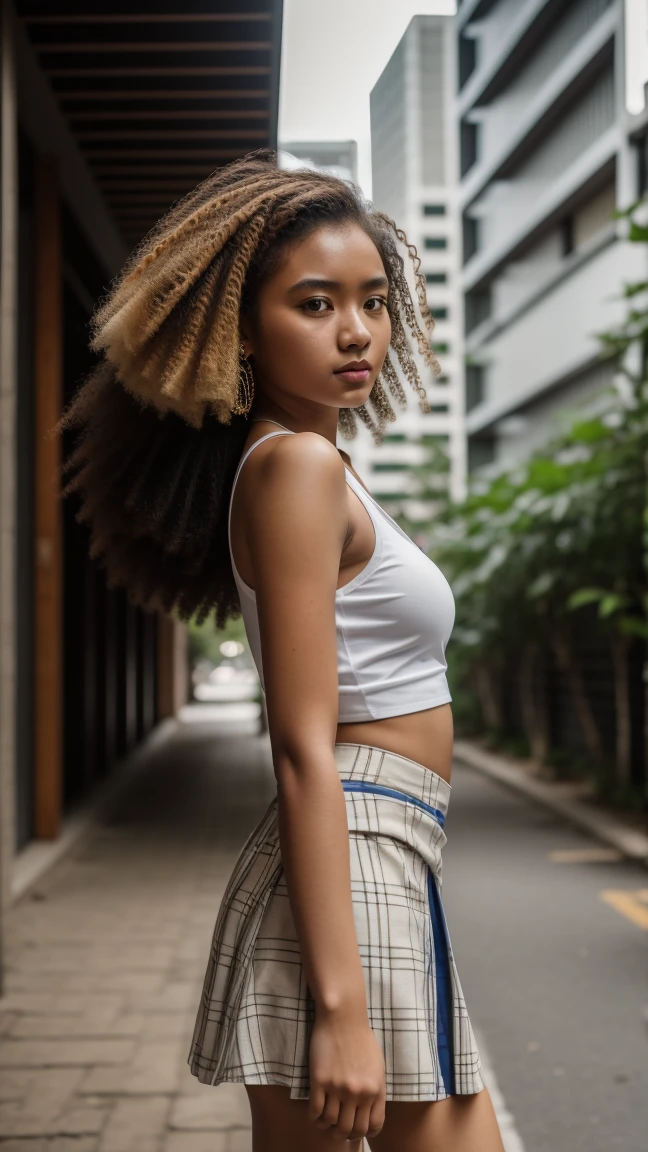 Picture taken with Sony A7RIV, realistic, 8K, Hi-Res picture, masterpiece, perfect facing viewer shoot, detailed complicated background, Gorgeous twenty years old Indonesian girl, natural body, afro, white tank-top paired with tartan skirt, stand, city alley in Jakarta 