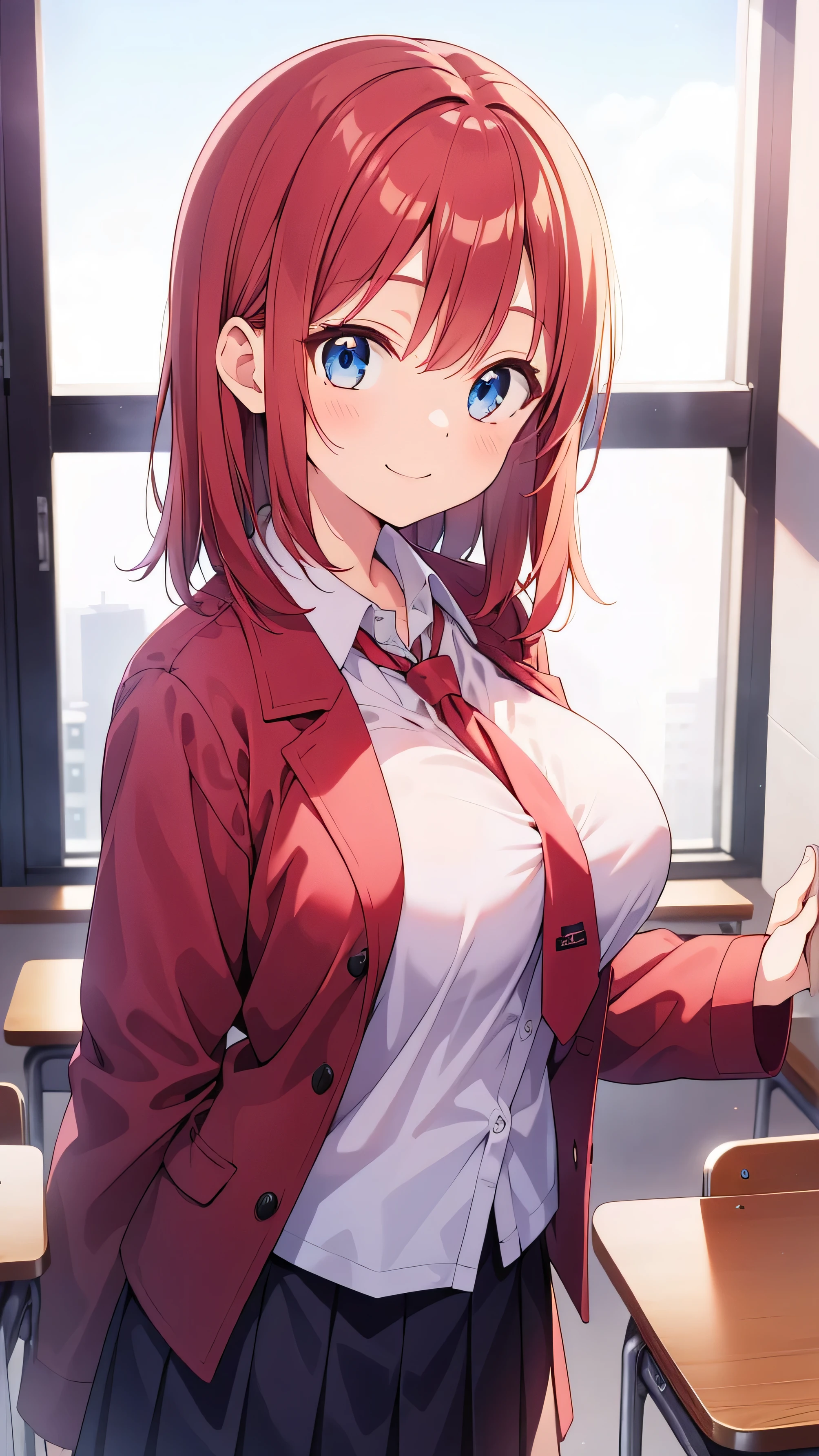 Big breasts, red hair, blue eyes, droopy eyes, red jacket, long sleeves, navy skirt, elementary school student, super big breasts, (medium hair: 1.2), baggy clothes, elementary school student, young face, short height, , old, shy A shy guy, smiling a little, in the classroom, trying to open the buttons of his shirt, white shirt, red tie,straight hair type