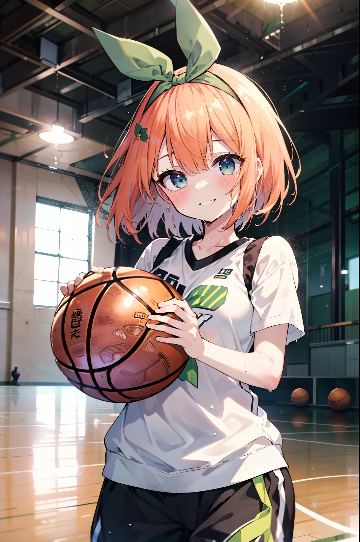 yotsubanakano, Yotsuba Nakano, bangs, short hair, blue eyes, Hair between the eyes, hair ribbon, hair band, Orange Hair, (Green ribbon:1.5), smile, Grin,smile,Sweat,Wet Skin,
(Dynamic pose:1.2), /(Basketball Uniforms/Basketball Pants), /bangs, (highest qualityのmasterpiece:1.2) Delicate illustrations with super detail, Big Break /(市民gym/) indoor, audience、
break indoors, gym,
break looking at viewer, (Cowboy Shot:1.5),
break (masterpiece:1.2), highest quality, High resolution, unity 8k wallpaper, (figure:0.8), (Beautiful fine details:1.6), Highly detailed face, Perfect lighting, Highly detailed CG, (Perfect hands, Perfect Anatomy),