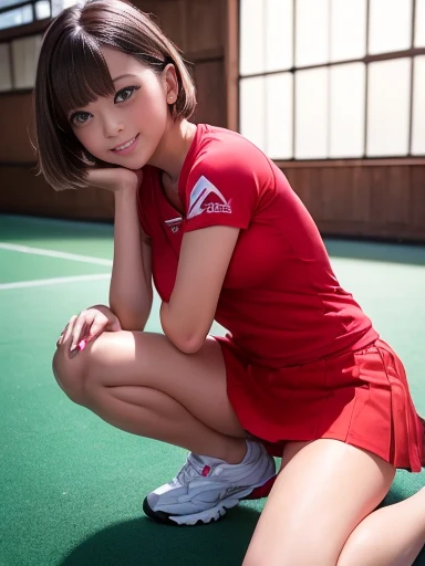 ((NSFW)),((((Whole body 1.4)))),1 girl, masterpiece,Best image quality,13 years,  smile, Beautiful Eyes, Perfect Eyes, Beautiful Lips, Perfect Lips, short hair, wariza, ,(Tennis player in red uniform,mini skirt),Moriman,(Backwards,Look at me),Perfect Face, Angelic,Idol, Superrealism,Surreal, Japanese girl film grain, Gym
