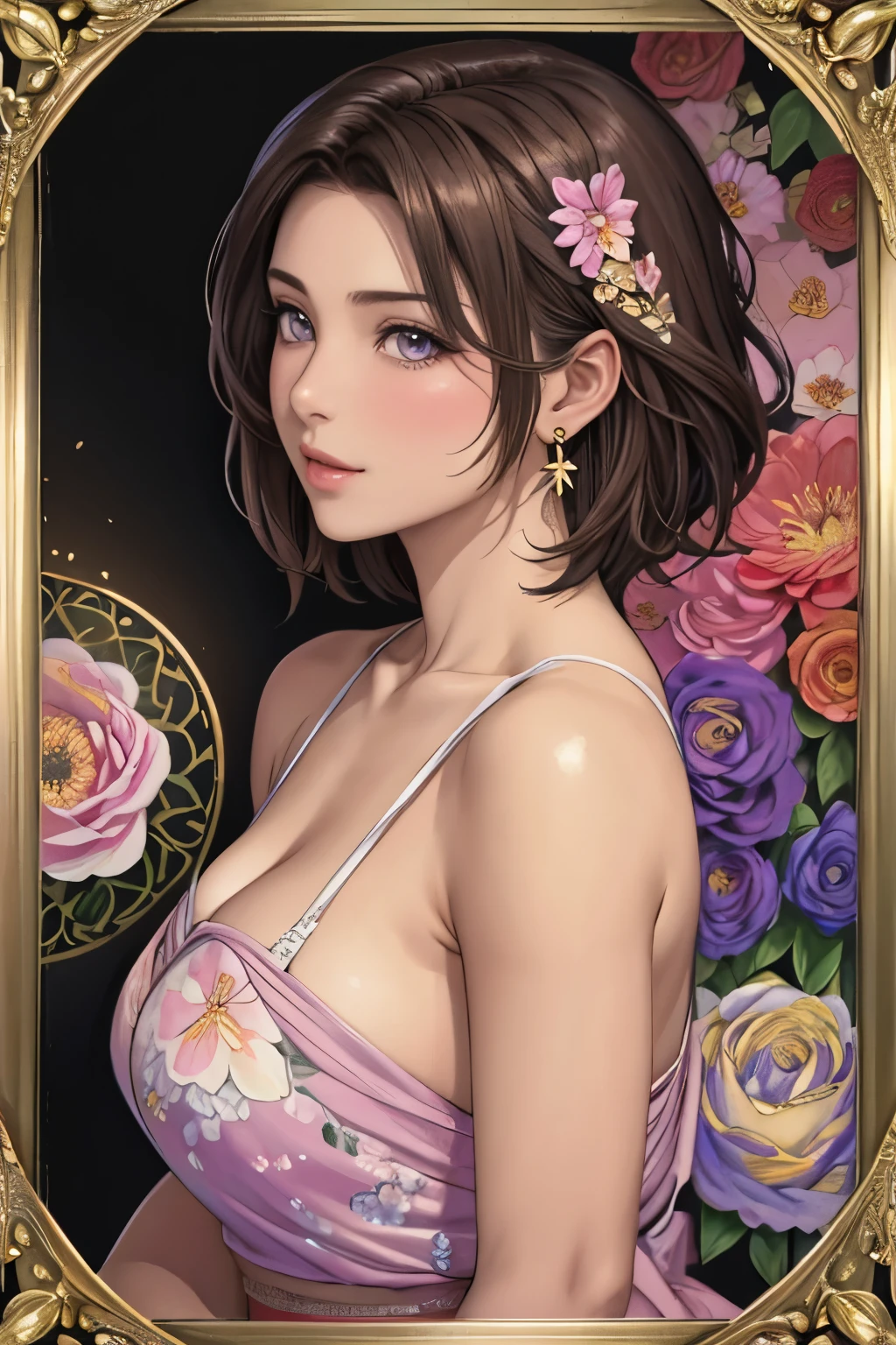 (​masterpiece, top-quality, top-quality, Official art, Beautifully Aesthetic:1.2), purple eyes, (highest quality, masterpiece painting:1.3), immature woman, , (half body shot), masterpiece, ultra high resolution, (((Flower frame, A lot of flowers in the frame, round frame, A beautiful girl fits into the frame))), Decorative panel, abstract art, (shot from a side angle), (Photoreal:1.0), ((light brown hair)),short hair, beautiful shining hair, white and shining skin, Painterly, sketch, Texture, 超A high resolution, solo, Beautuful Women, A highly detailed, (Fractal Art:1.1), (colourfull:1.1), (florals:1.6), The most detailed, (Zentangle:1.2), (Dynamic Poses), (Abstract background:1.3), (shinny skin), (Many colors:0.8), (earrings:1.4), (pluma:0.9), Taisho romance