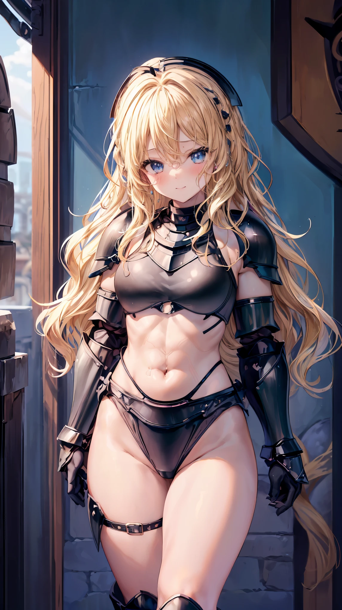 Very detailed、highest quality、Best image quality、masterpiece、8k、Anime Face、A kind smile、Open your mouth、Sparkling blue eyes、(Blonde wavy hair:1.5)、、Muscles of the whole body、camisole、Thigh belt、mini skirt、(Wearing black bikini armor:1.5)、(Cowboy Shot:1.5)、(Leg armor:1.5)、Armor