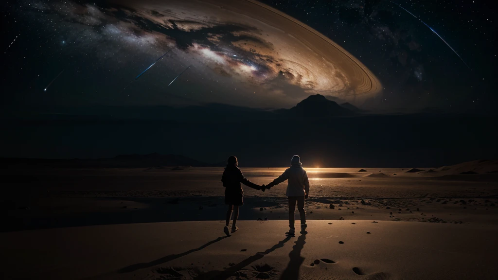 Two people walking hand in hand at the end of the universe with Mars, Saturn and other stars in the background,8k,UHD,HDR