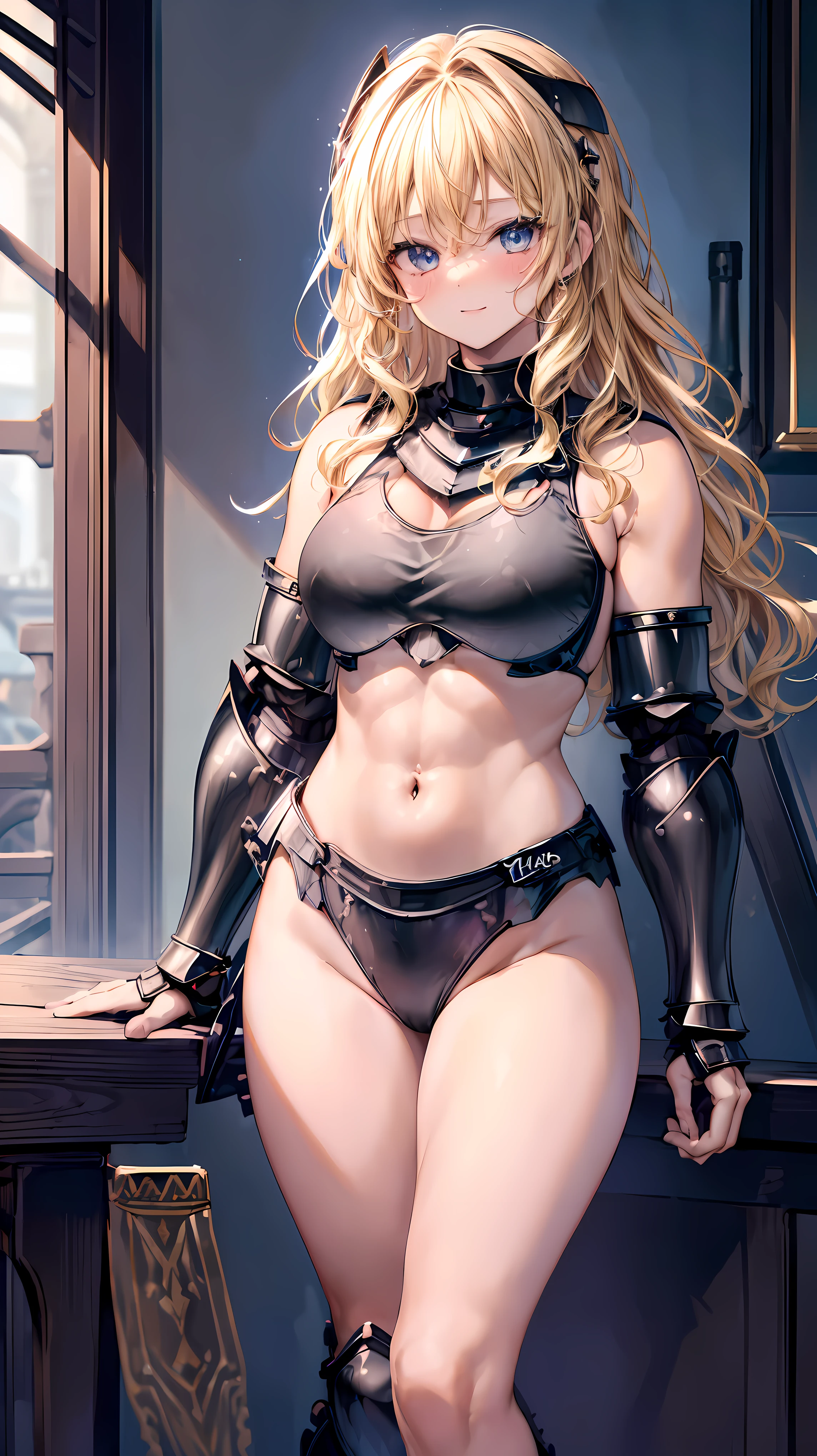 Very detailed、highest quality、Best image quality、masterpiece、8k、Anime Face、A kind smile、Open your mouth、Sparkling blue eyes、(Blonde wavy hair:1.5)、、Muscles of the whole body、camisole、Thigh belt、mini skirt、(Wearing black ?????? armor:1.5)、(Cowboy Shot:1.5)、(Leg armor:1.5)、Armor