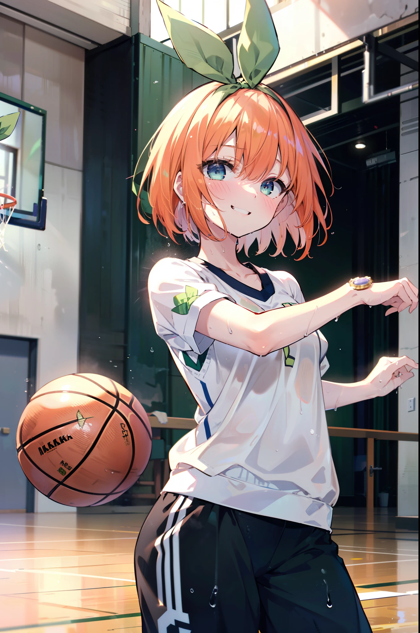 yotsubanakano, Yotsuba Nakano, bangs, short hair, blue eyes, Hair between the eyes, hair ribbon, hair band, Orange Hair, (Green ribbon:1.5), smile, Grin,smile,Sweat,Wet Skin,
(Dynamic pose:1.2), /(Basketball Uniforms/Basketball Pants), /bangs, (highest qualityのmasterpiece:1.2) Delicate illustrations with super detail, Big Break /(市民gym/) indoor, audience、
break indoors, gym,
break looking at viewer, (Cowboy Shot:1.5),
break (masterpiece:1.2), highest quality, High resolution, unity 8k wallpaper, (figure:0.8), (Beautiful fine details:1.6), Highly detailed face, Perfect lighting, Highly detailed CG, (Perfect hands, Perfect Anatomy),