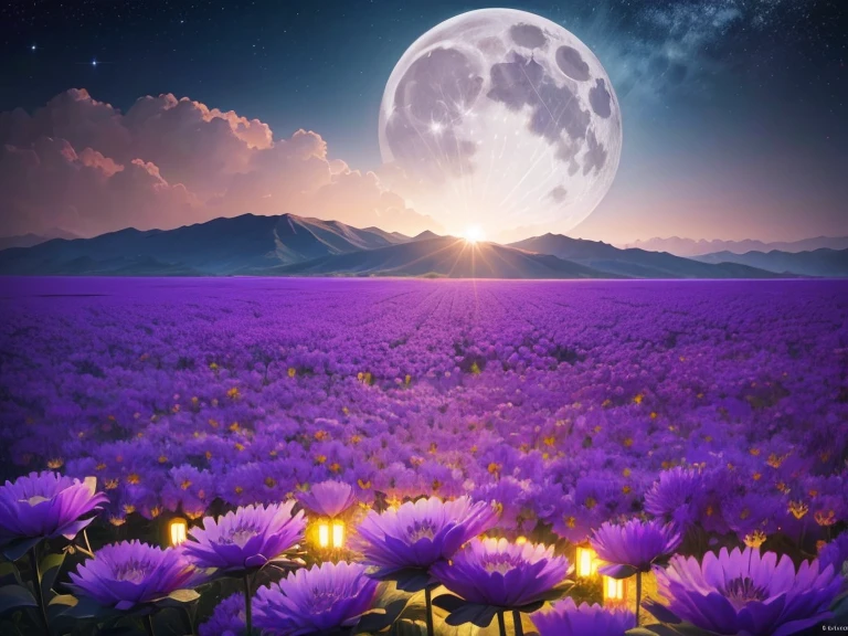 Sea of Flowers/Sea of Flowers/Sea of Flowers、Shibazakura.Star-filled sky.full moon、Violet Flowers.(highest quality,4K,8k,High resolution,masterpiece:1.2),Very detailed,(Actual,photoActual,photo-Actual:1.37),Sea of Flowers