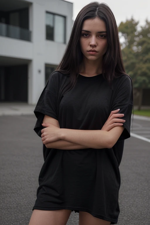 girl outside, looking cool and a bit arrogant, full body, very beautiful, dark hair, wearing black oversized t-shirt, realistic face, detailed eyes, small, boyish
