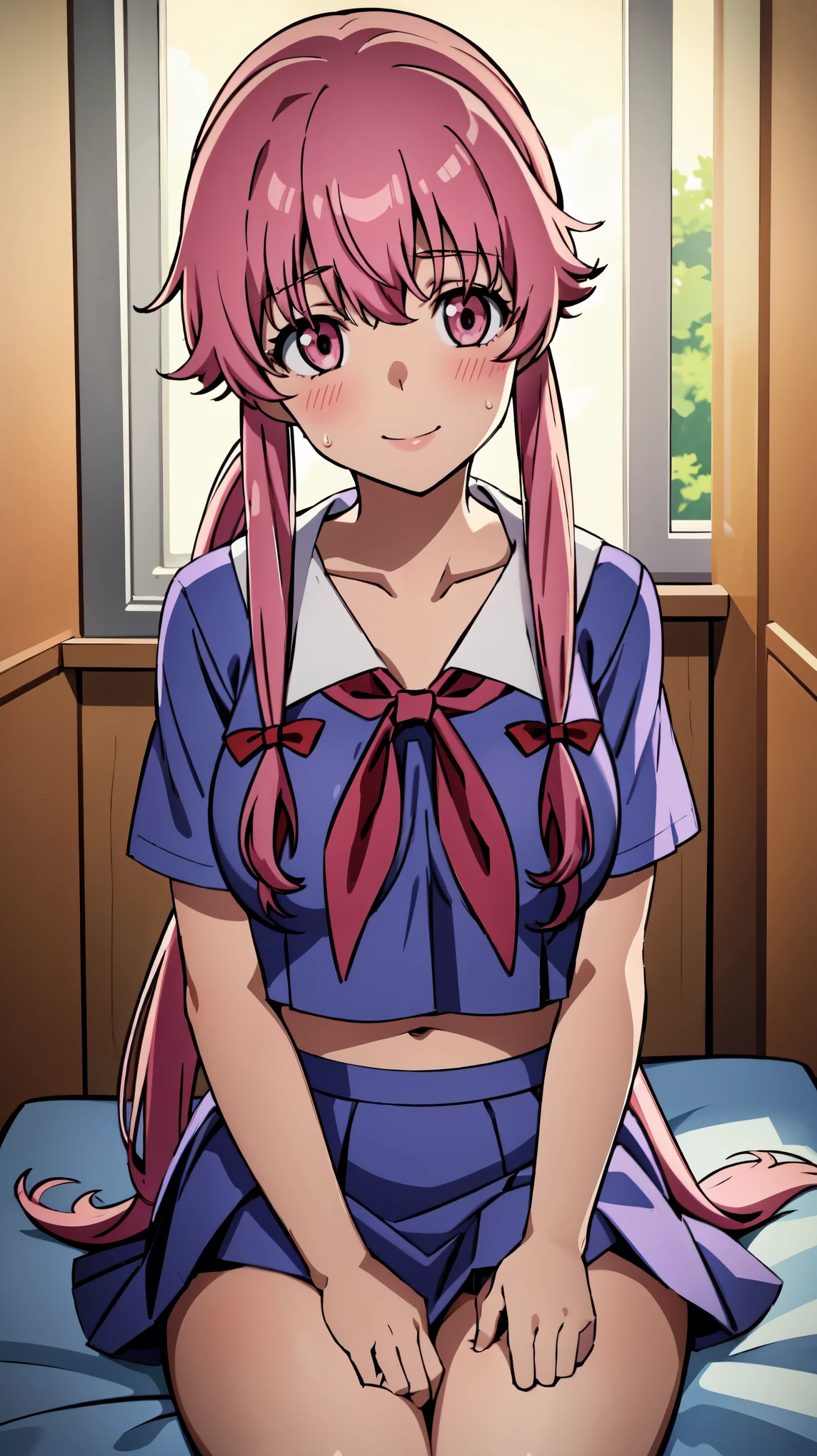 1girl, breasts, pink_hair, skirt, solo, blush, school_uniform, looking_at_viewer, sitting, cleavage, pink_eyes, long_hair, pleated_skirt, indoors, sweat, collarbone, navel, large_breasts, shirt, bra, blue_shirt, smile, short_sleeves, neckerchief, thighs, bangs, twintails, midriff, serafuku, closed_mouth, blue_skirt, red_neckerchief, underwear, sailor_collar, lips