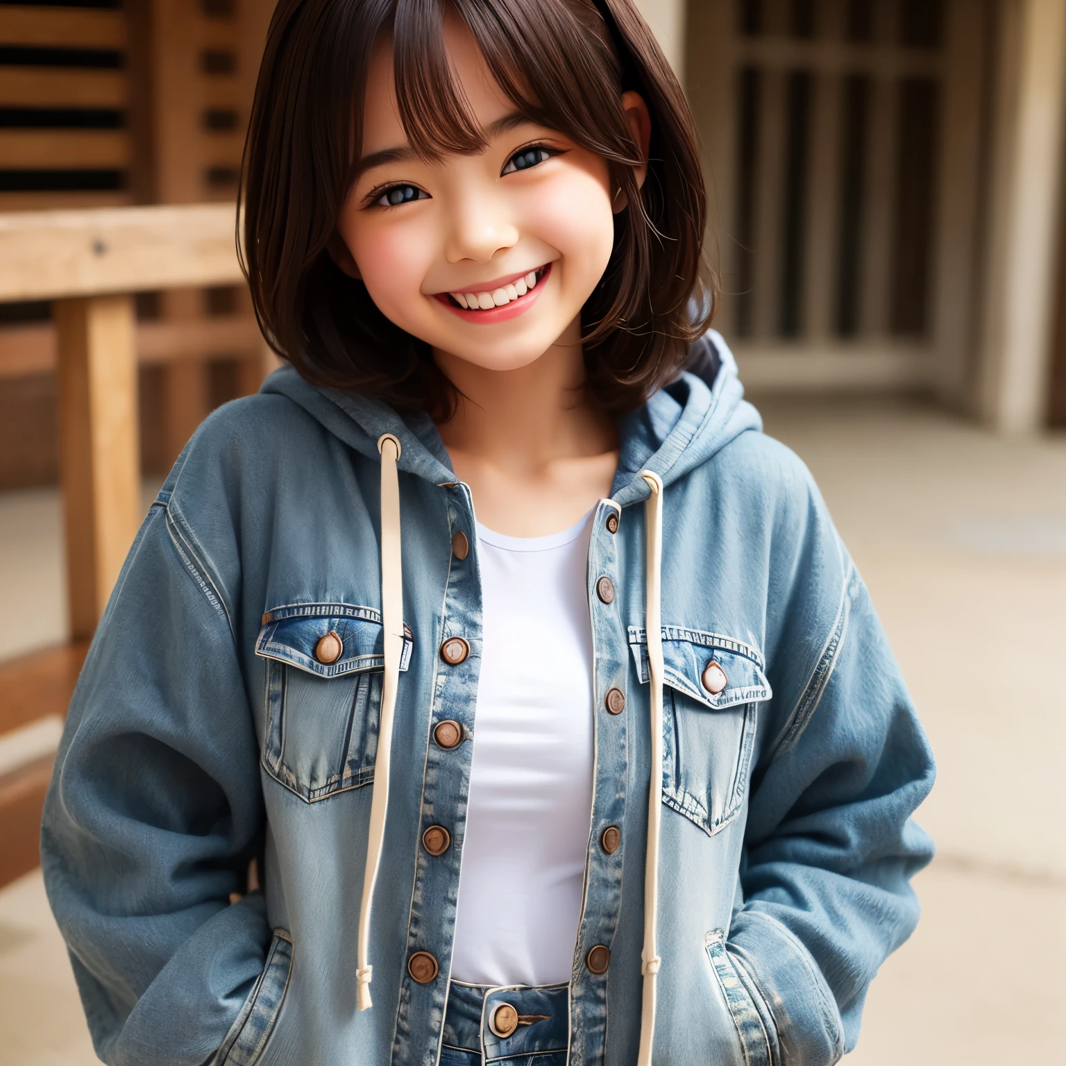 detailed face, cute face,brown eye, master piece , best quality , highly detailed , (matured female) , hand in pocket , hoodie , short denim , smile , japanese