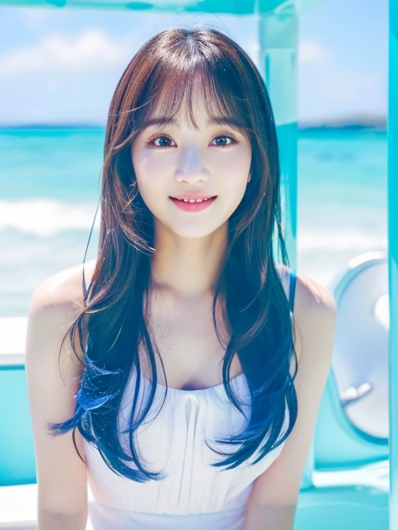 A woman in a white dress playing in the water on the beach, tzuyu from twice, with bangs, cute korean actress, jaeyeon nam, korean girl, lalisa manobal, neat hair with bangs, lee ji-eun, beautiful young korean woman, lee ji - eun, gorgeous young korean woman, beautiful south korean woman, young adorable korean face, from behind