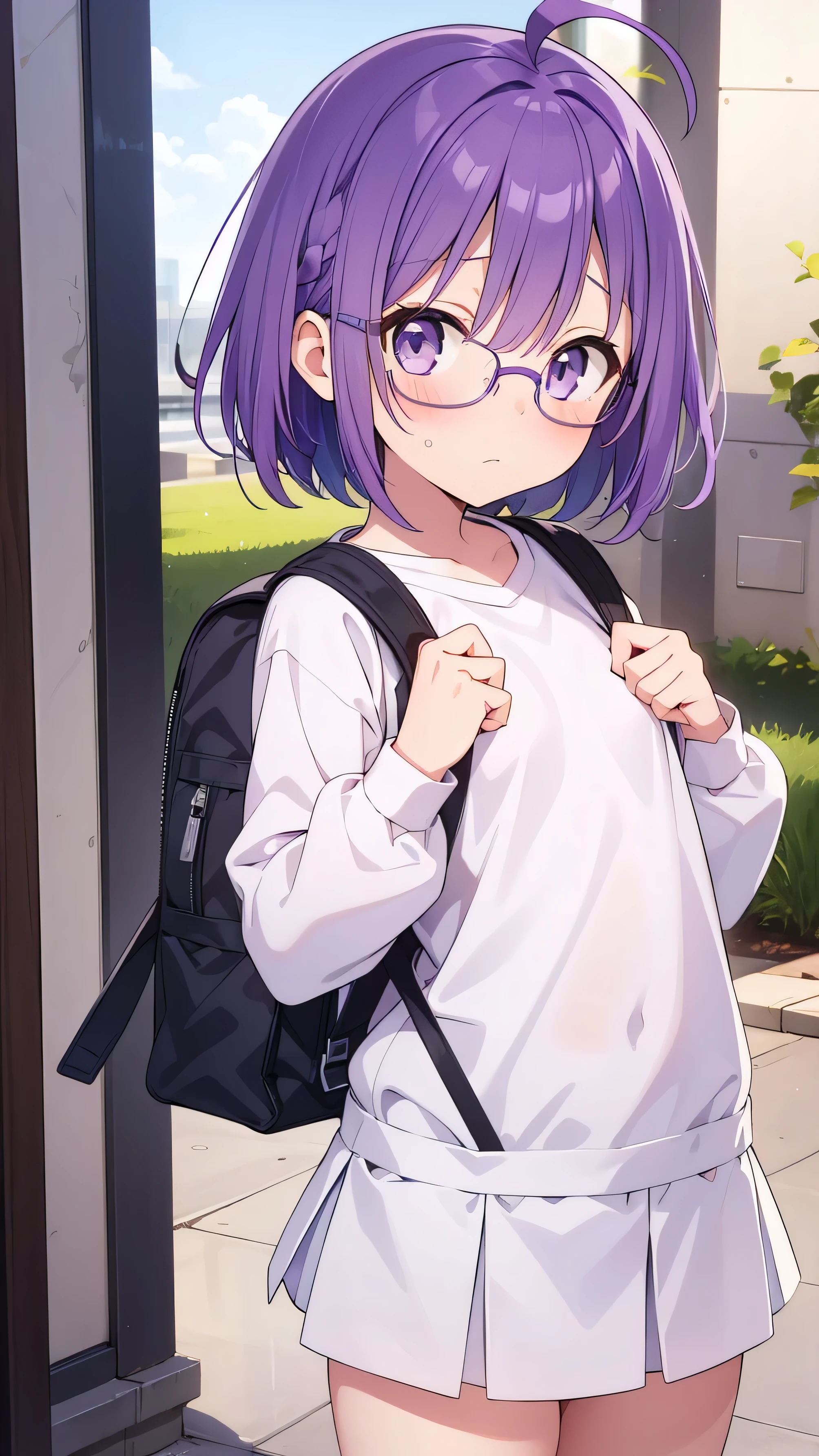 (Purple hair:1.4), gray eyes, white , navy blue miniskirt, 11 years old, short, short long hair, kind expression, shy, backpack, almost no breasts, slightly exposed. hair,(flipped hair ), flipped hair, long sleeves, ahoge, girl alone, flipped hair, flipped hair, flipped hair, flipped hair, glasses with no edges, embarrassed, flat chest