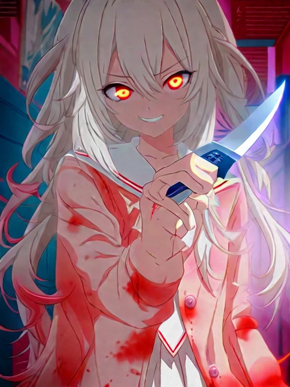 アニメの女の子 with long white hair and red eyes holding a knife, Terrible anime 8k, Anime Style 4k, Nightcore, Details of anime original drawings, Destiny anime style/Please stay overnight, Best Anime 4K,Crazy Smile,Twin tails,Bloodstain,Glowing Eyes,Sailor suit,cardigan