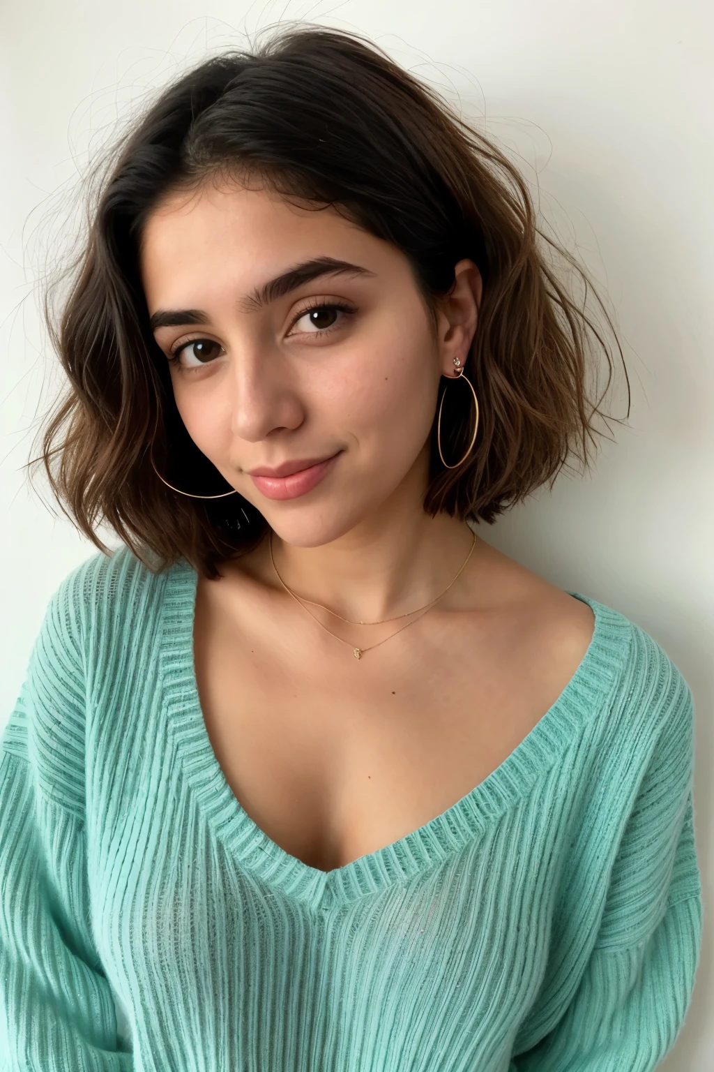 1 garota em, 19 anos, Sozinho, Cabelo longo, Colossal , olhando para o espectador, cabelo loiro, olhos castanhos, joia, corpo, um colar, Sweaters 