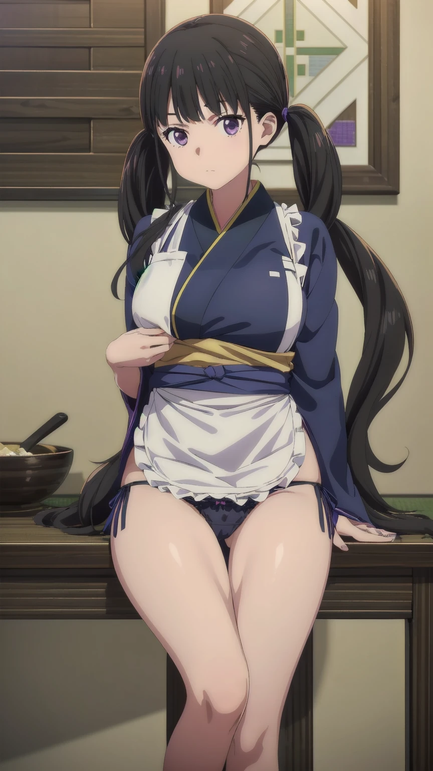(((Pixel Perfect, Perfect detail))), (1 Girl, solo), takina inoue, long hair, bangs, twintails, black hair, (purple eyes:1.2), japanese clothes, kimono, apron, waist apron, blue kimono, waitress, Sitting, (between breast:1.3), (Showing panties:1.3), whole body
