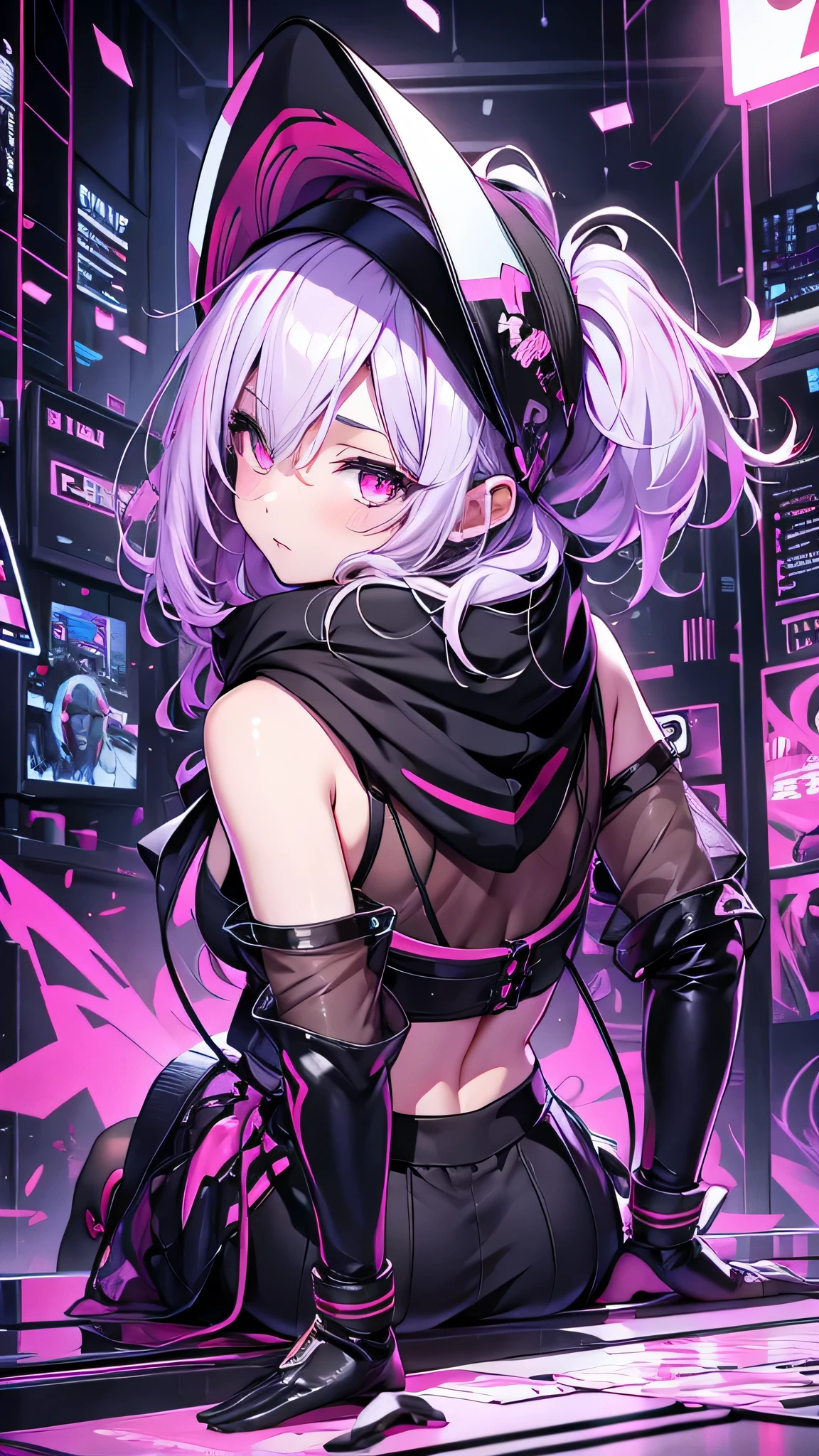 最high quality、Best image quality、masterpiece、girl((18-year-old、 By becoming、Best Bust、Medium Bust,Wide open breast tea、Red glowing eyes,Silver Hair、Disheveled Hair、Long Hair、thin,The highest valley、Open chest、Luminous Wristbands、hat、hair ornaments、luminous necklace、Black sleeveless hoodie(1:2)、Blue short skirt、Disheveled clothing、Show the whole body,Low - Angle、Hacker-like、sweating、lure、Black cute mask、Leaning against a wall、Black scarf、Have a smartphone、Back view、Accentuate your butt、On all fours)),high quality、Beautiful art、background((Neon Light、Neon interior at night))、Flight、Flying debris、Written boundary depth、movie、Visual Arts、Perfect art、8K,Genuine,