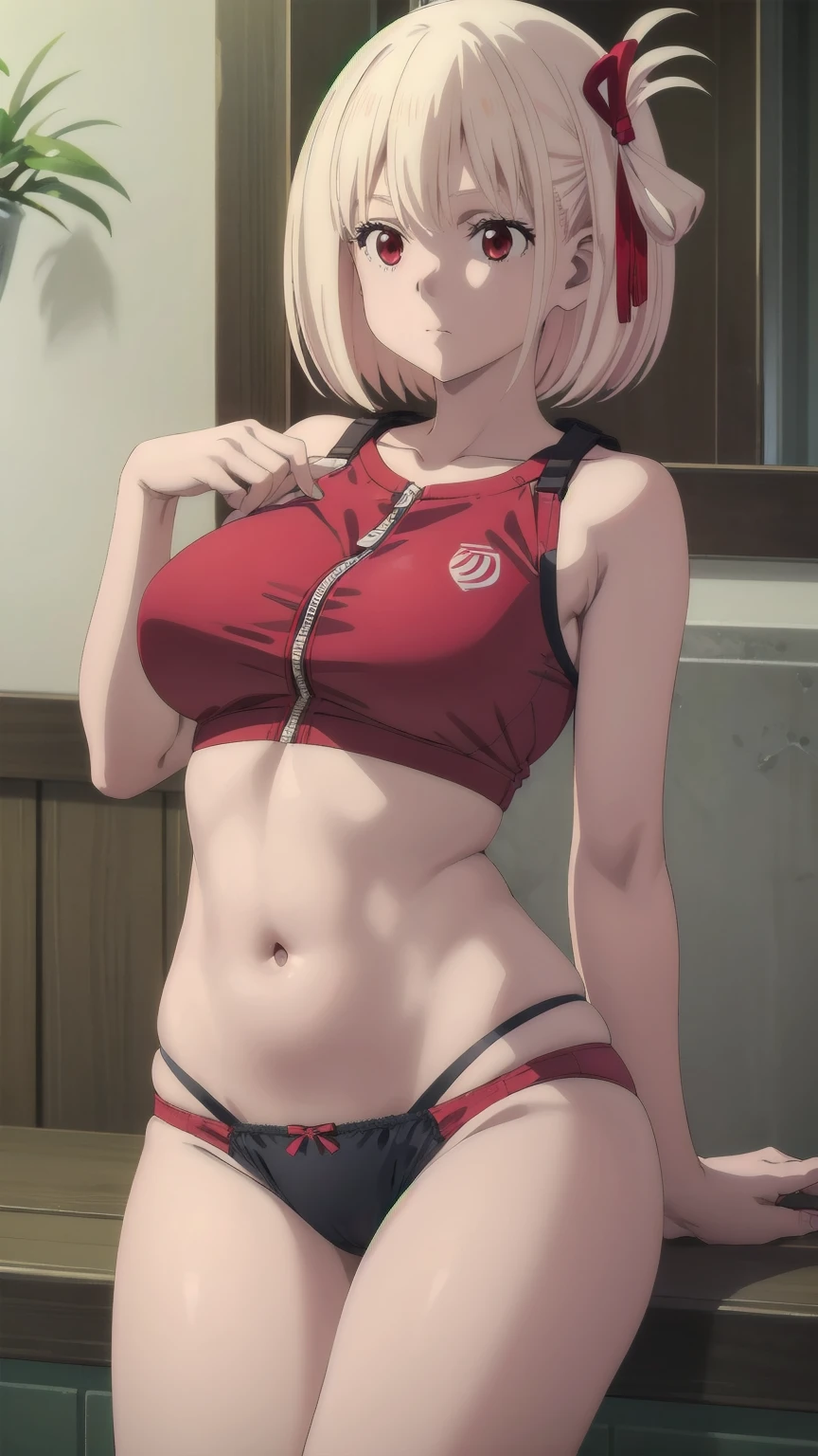 (((Pixel Perfect, Perfect detail))), (1 girl, alone), Chisato Nishikigi, short hair, bangs, Blonde, (Red eyes:1.5), Hair Ribbon, One side up, Bobcut, belly button, Exposing shoulders, Thighs, Stomach, Crop top, Bloomers, Sportswear, Zipper Pull Tab, red Bloomers, Sports Bikini, Sitting, (Between the breasts:1.3), (Showing panties:1.3), whole body